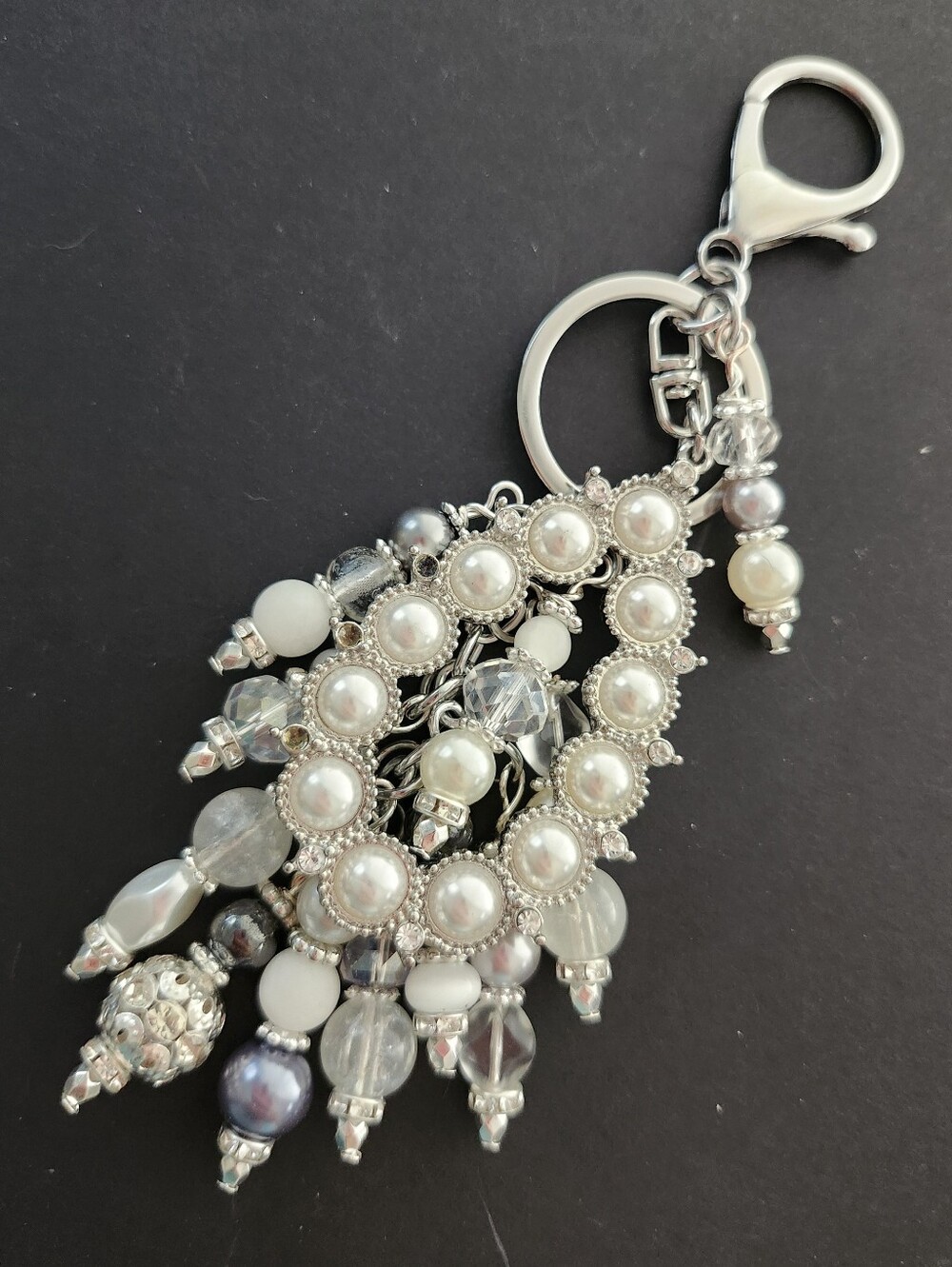 Upcycled Faux Pearl Purse Charm Rhinestone White Jade Glass Handcrafted